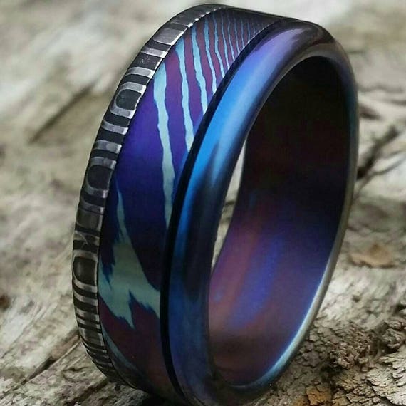 8mm damascus steel ring HawaiianTitanium lined Timascus ring Mokuti & Stainless Damascus (damasteel) "wood-grain"pattern-double heat treated