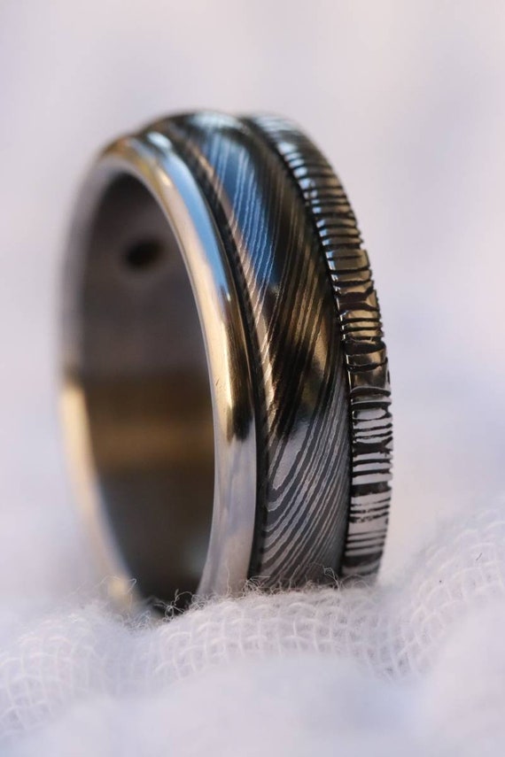 Black ring 6mm damascus steel ring black titanium ring