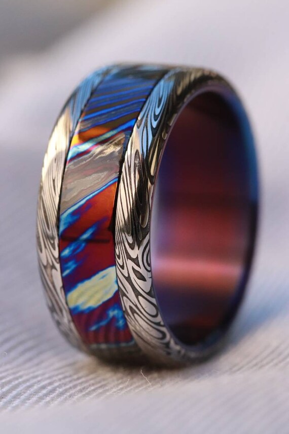 Damascus steel ring, timascus and damasteel 10mm wide customizable