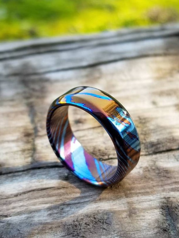 Solid Timascus ring 6mm - 10mm wide timascus ring, mokuti ring chamfered ring