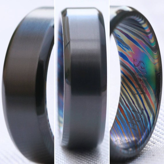 6-8mm chamfered zirconium ring Black / ZrTi brushed ziconium timascus ring,black timascus ring, mens rings weddingrings, zirconium damascus