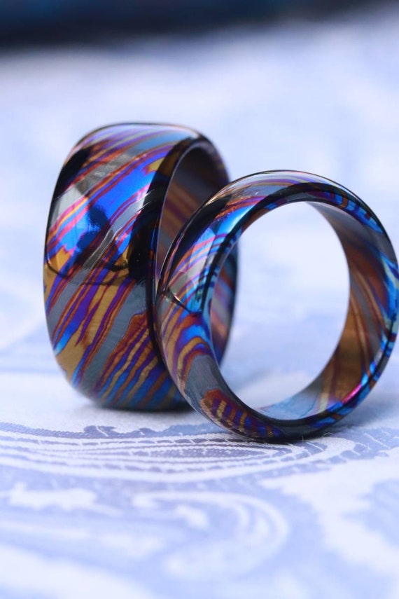 Timascus ring set 2 rings customizable 4mm-9mm wide timascus ring, mokuti ring black timascus matching rings