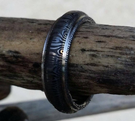 Damascus steel ring "traditional -black & blue twist"   Customizable ring! Mens rings wedding band engagement ring, engagement ring