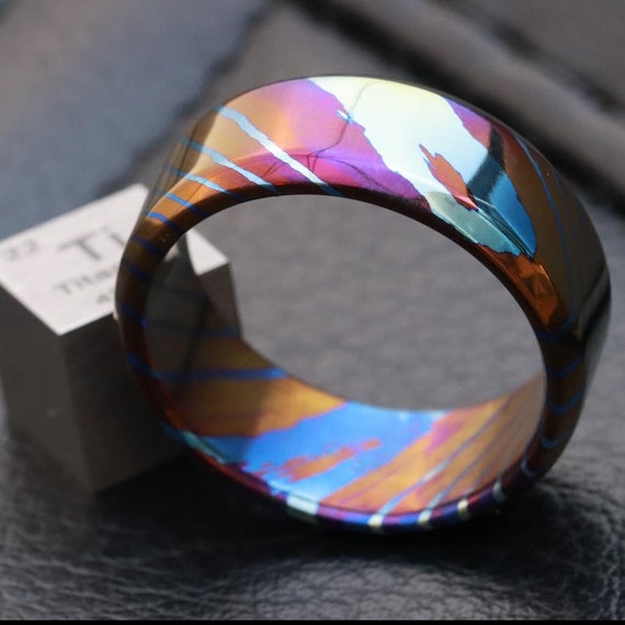 Solid Timascus ring 7-8mm ring  timascus ring, mokuti ring chamfered ring colorful ring wedding band