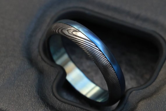 Titanium &  Damascus steel - stainless damasteel damascus mens ring wedding band 5mm wedding band traditional ring blue titanium ring