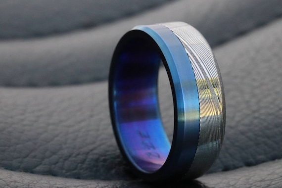 Titanium &  Damascus steel - stainless damasteel damascus mens ring wedding band