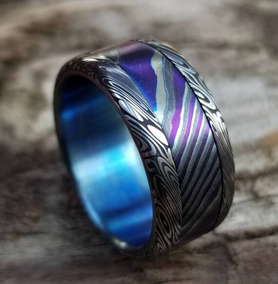 10mm Black Timascus / Mokuti & Stainless Damascus (damasteel)**Dark "wood-grain" pattern timascus ring,black timascus ring, mokuti ring