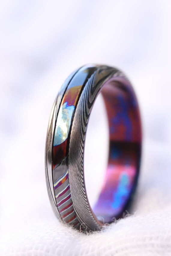 New*5.25mm ring "traditional" style Black Timascus ring Mokuti & Stainless zrti ring Damascus , (damasteel) dark "woodgrain"