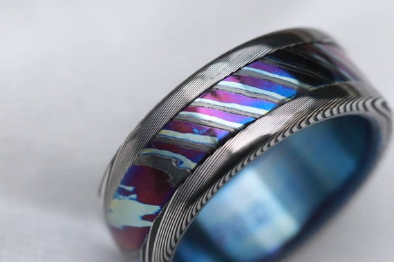 Damascus steel ring 8mm Black Timascus Mokuti & Stainless black timascus ring, mokuti ring, wedding ring