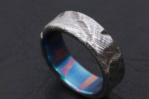 New*7mm mokuti & Stainless Damascus steel "leaf" pattern distressed ring, timascus ring, mokuti ring ring