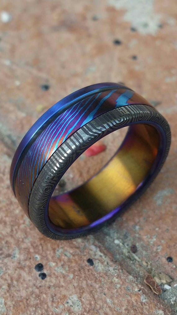 damascus ring *8mm Hawaiian Titanium lined  Timascus ring Mokuti & *Stainless Damascus* (damasteel) "wood-grain" pattern-double heat treated