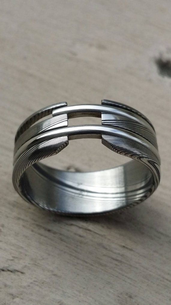 Stainless steel Damascus "WOODGRAIN" ring! Damasteel stainless damascus mens rings wedding band wedding ring
