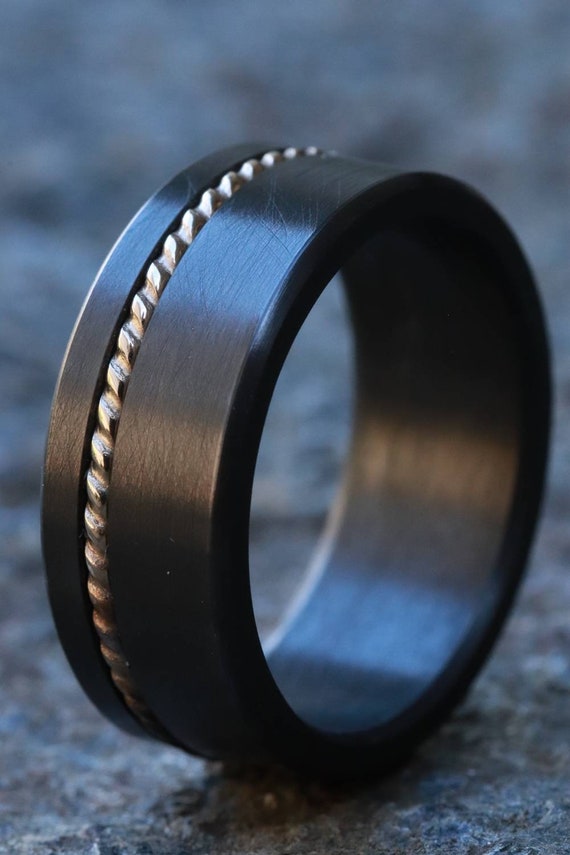 Black Zirconium and  gold 14k or 18k ring 8mm mens wedding bands (customizable) engagement ring platinum