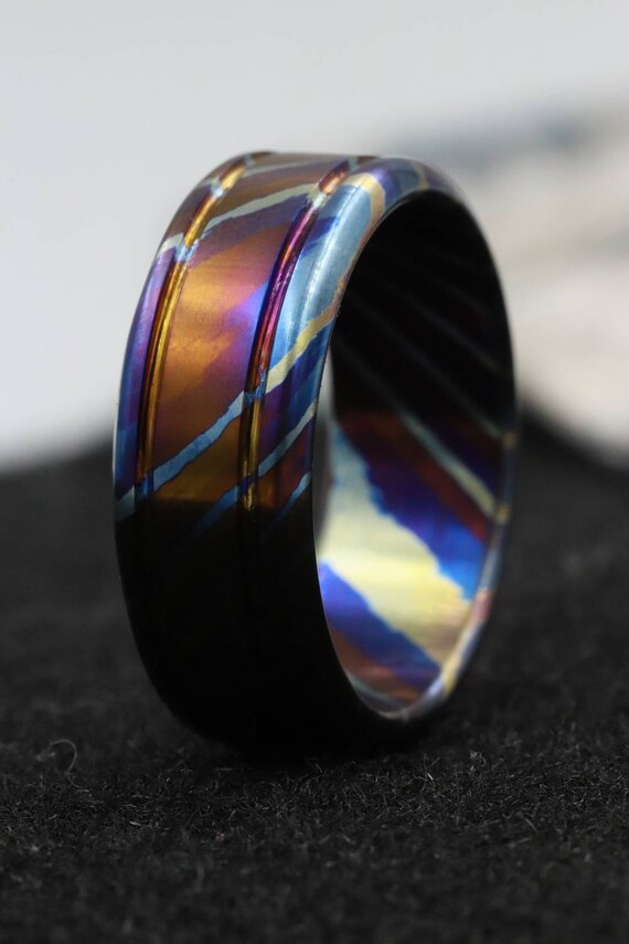 Solid Timascus ring 9mm wide timascus ring, mokuti ring chamfered ring double grooved ring