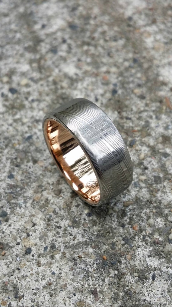Gold & Stainless Damascus  7.5mm ring "wood-grain" extra polished finish damscus steel gold ring