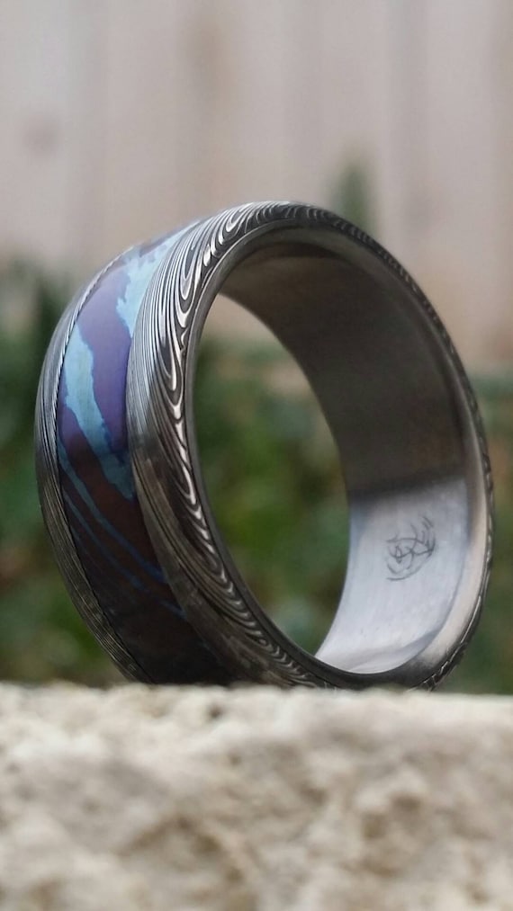 Timascus / Mokuti & Stainless Damascus  (damasteel) "leaf" pattern (grade 5 titanium liner) damascus ring, damascus steel ring