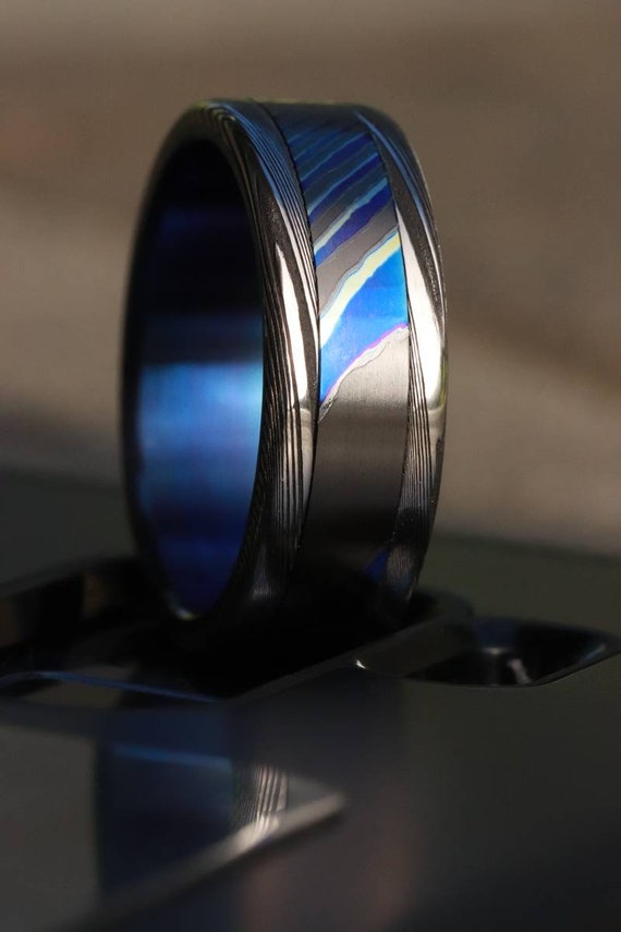 Damascus steel ring 8mm Black Timascus Mokuti & Stainless black timascus ring, mokuti ring, wedding ring