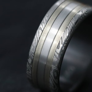 8mm wide Platinum and white gold and damasteel stainless damascus Zirconium lined 14k or 18k customizable ring mens wedding bands Gold rings