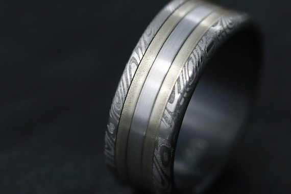 8mm wide Platinum and white gold and damasteel stainless damascus Zirconium lined 14k or 18k customizable ring mens wedding bands Gold rings