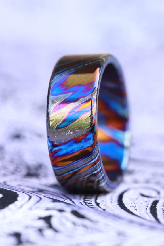 Timascus ring 8mm wide titanium zirconium, mokuti ring (polished finish) black timascus ring