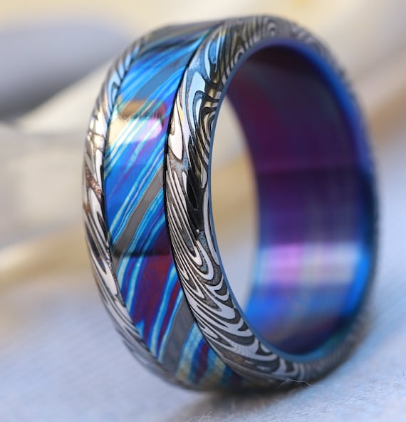 Very Limited- 8mm Black Timascus ring Mokuti & Stainless Damascus (damasteel) black timascus ring, mokuti ring, black ring wedding ring