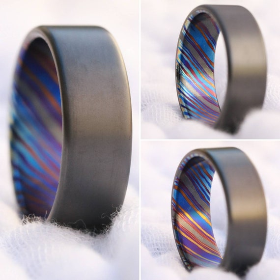 8mm zirconium ring Black / ZrTi brushed ziconium timascus ring,black timascus ring, mens rings weddingrings, zirconium damascus