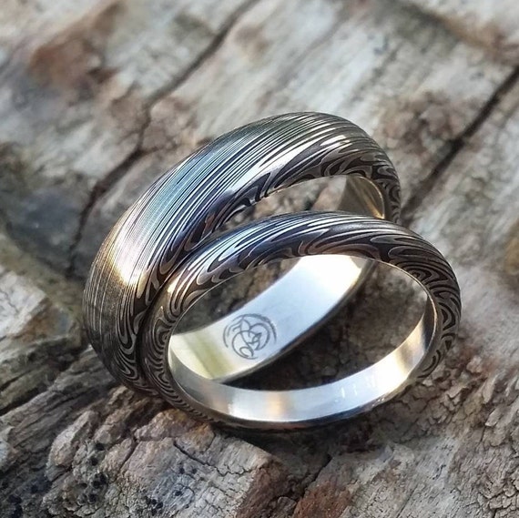 Genuine Damascus Ring Set Stainless Steel Damascus traditional Dark Leaf Pattern Rings Damascus Steel Ring His and Hers Set Etsy Canada