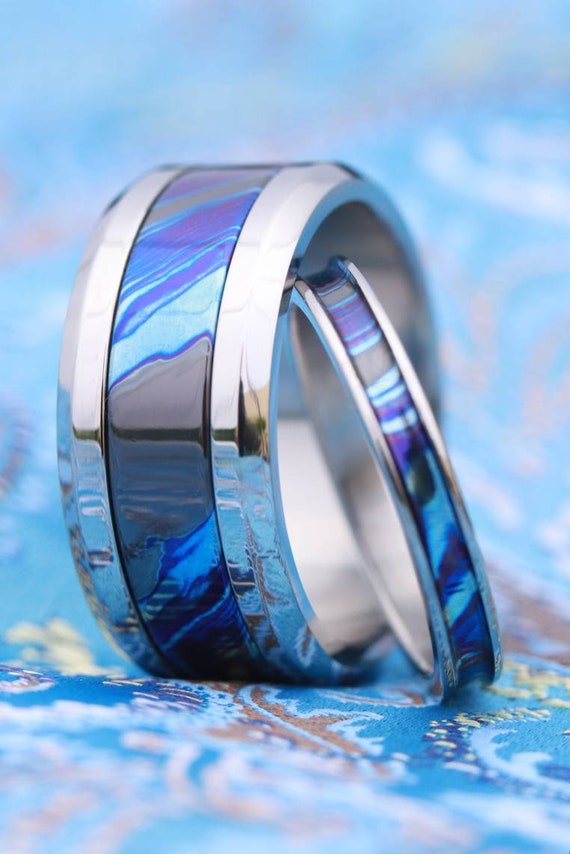 His & hers ring set, Timascus ring set, Titanium matching rings Grayson blue set