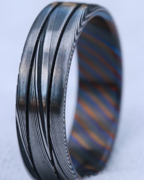 Stainless steel Damascus "WOODGRAIN" 8-7mm Customizable ring. Damasteel ring. Zrti ring black timascus