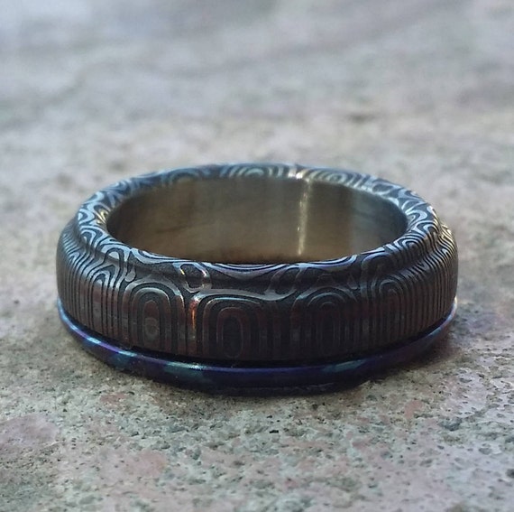 6mm Black Timascus / zrti & Stainless Damascus (damasteel)" bamboo" pattern timascus ring,black timascus ring, mokuti ring, damascus steel
