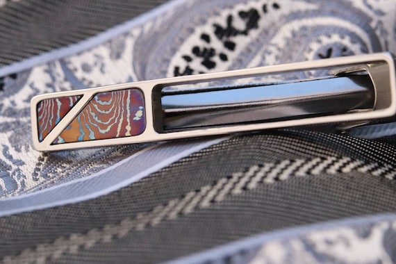 Timascus tie clip, mokuti tie clip, Titanium damascus tie clip, timascus tie bar