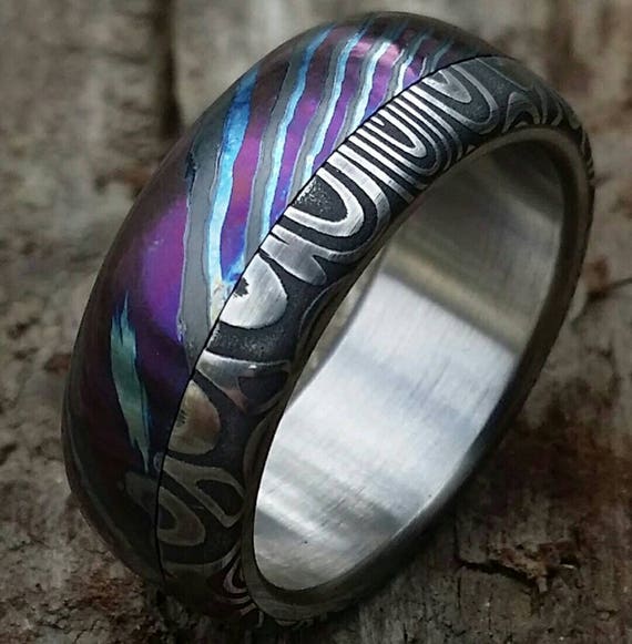 New*8mm Black Timascus / ZrT Mokuti & Stainless Damascus (damasteel) damascus"bamboo" pattern timascus ring,black timascus ring, mokuti ring