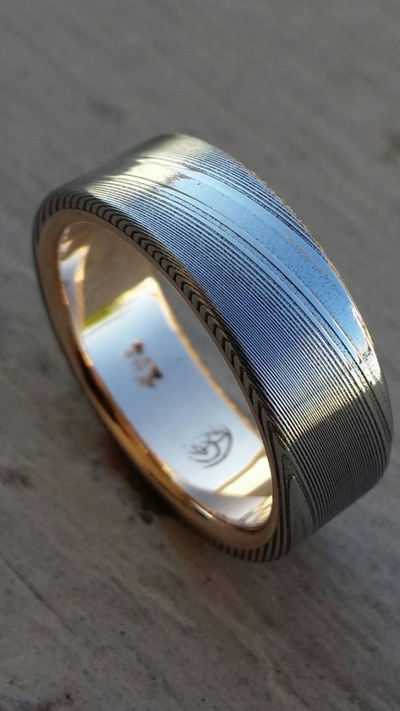 8mm Damascus steel ring 14k yellow Gold & Stainless Damascus
