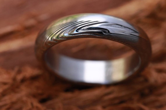 Titanium &  Damascus steel - stainless damasteel damascus mens ring wedding band 5mm wedding band traditional ring natural titanium ring