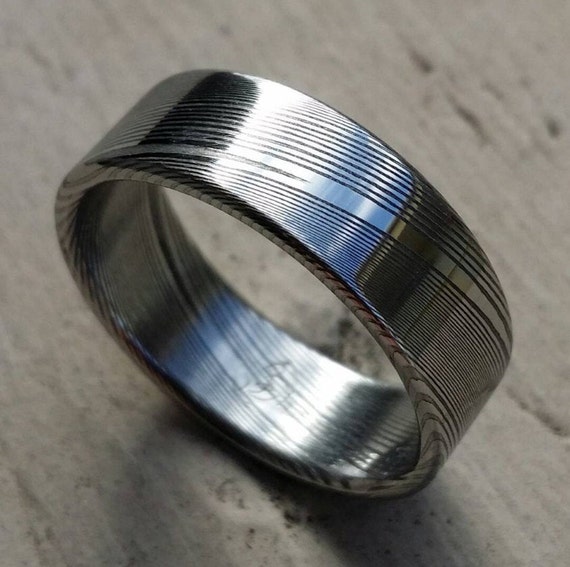 Stainless steel Damascus polished "WOODGRAIN"! Dark etch genuine damascus ring woodgrain wedding ring mens rings