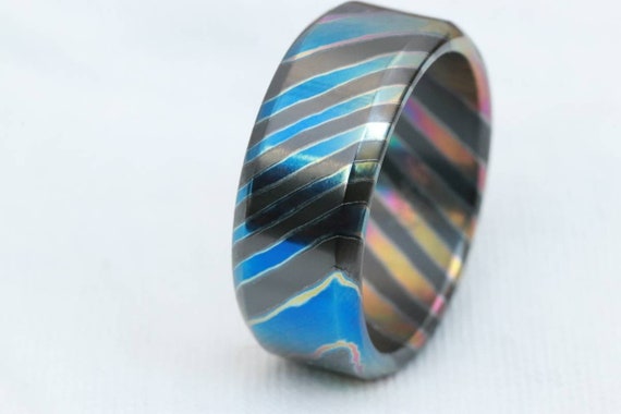 Black timascus ZrTi ring 8mm (semi-polished) timascus ring, colorful ring, darkti, Zirconium, black timascus chamfered ring