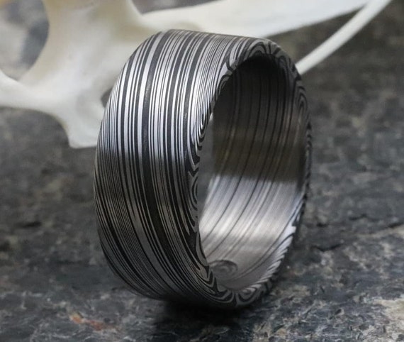 10mm Damascus steel ring Stainless Damasteel "dark leaf" Customizable ring! Darker color etch. Damascus steel ring mens rings wedding band