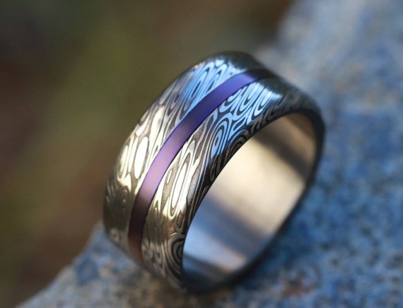 10mm damascus steel ring and titanium purple customizable ring genuine damasteel ring his and hers rings set