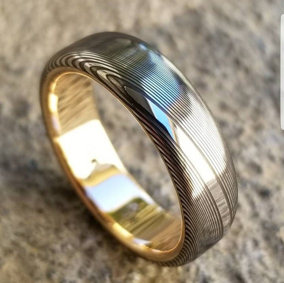 Gold & Stainless Damascus  7mm ring "wood-grain" extra polished finish stainless damscus steel gold ring 14k 18k mens wedding ring