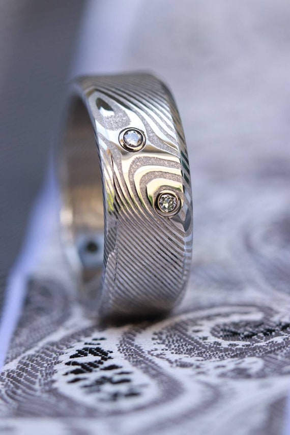 damasteel ring 8mm wide / 4 diamonds 14k gold customizable mens ring wave pattern