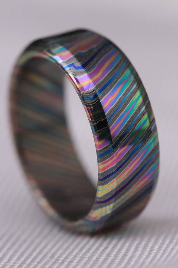 LIMITED EDITION customizable 8mm ring chamfered edge Solid Black Timascus ring 3mm-9mm wide timascus ring, mokuti ring (polished finish)