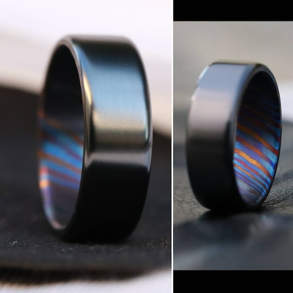 8mm black titanium ring Black / ZrTi brushed ziconium timascus ring,black timascus ring, mens rings weddingrings, zirconium damascus