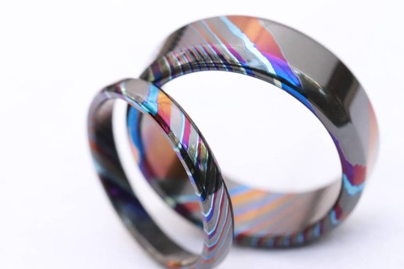 LIMITED EDITION** Solid Black Timascus chamfered zrti ring set 2 rings 3mm-9mm wide timascus ring, mokuti ring black timascus matching rings