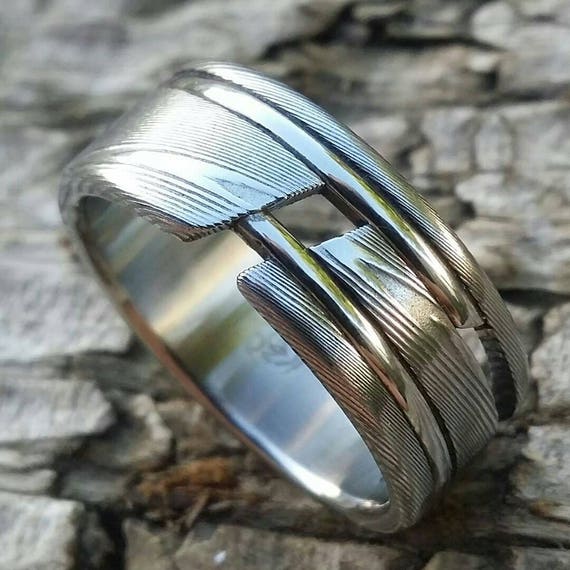 ONE - Damascus steel ring "WOODGRAIN" ring! Stainless Damasteel ring mens wedding bands woodgrain pattern damascus