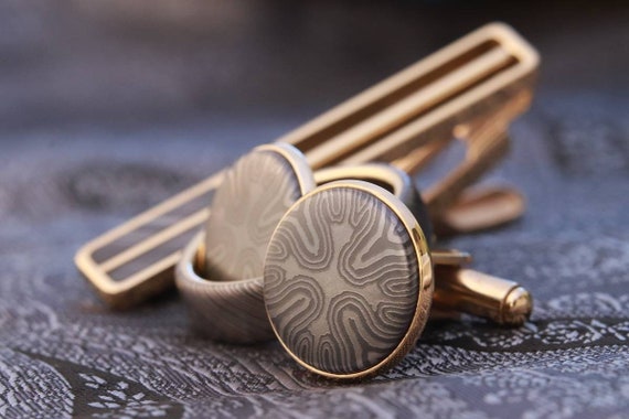 18k Timascus set, tie clip, damascus cufflinks, 18k solid gold ring, Zirconium /Niobium damascus set wedding set