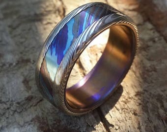 8mm Black Timascus / Mokuti & stainless (damasteel) damascus steel ring "wood-grain" pattern timascus ring,black timascus ring, mokuti ring