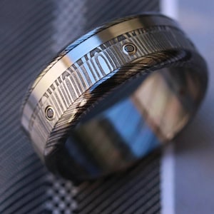 Black diamonds and gold,  black titanium zrti & damasteel ring 9mm wide customizable