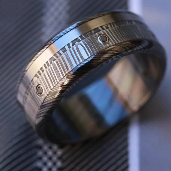 Black diamonds and gold,  black titanium zrti & damasteel ring 9mm wide customizable