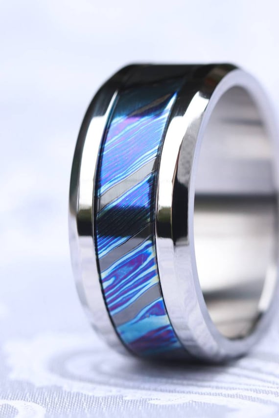 Grayson BLUE" Limited Edition Series-10.5mm titanium Timascus / Mokuti timascus & zirconium ring,black timascus ring, mokuti ring