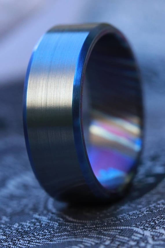 8-9mm black and blue titanium ring, deep blue ring, blue wedding ring